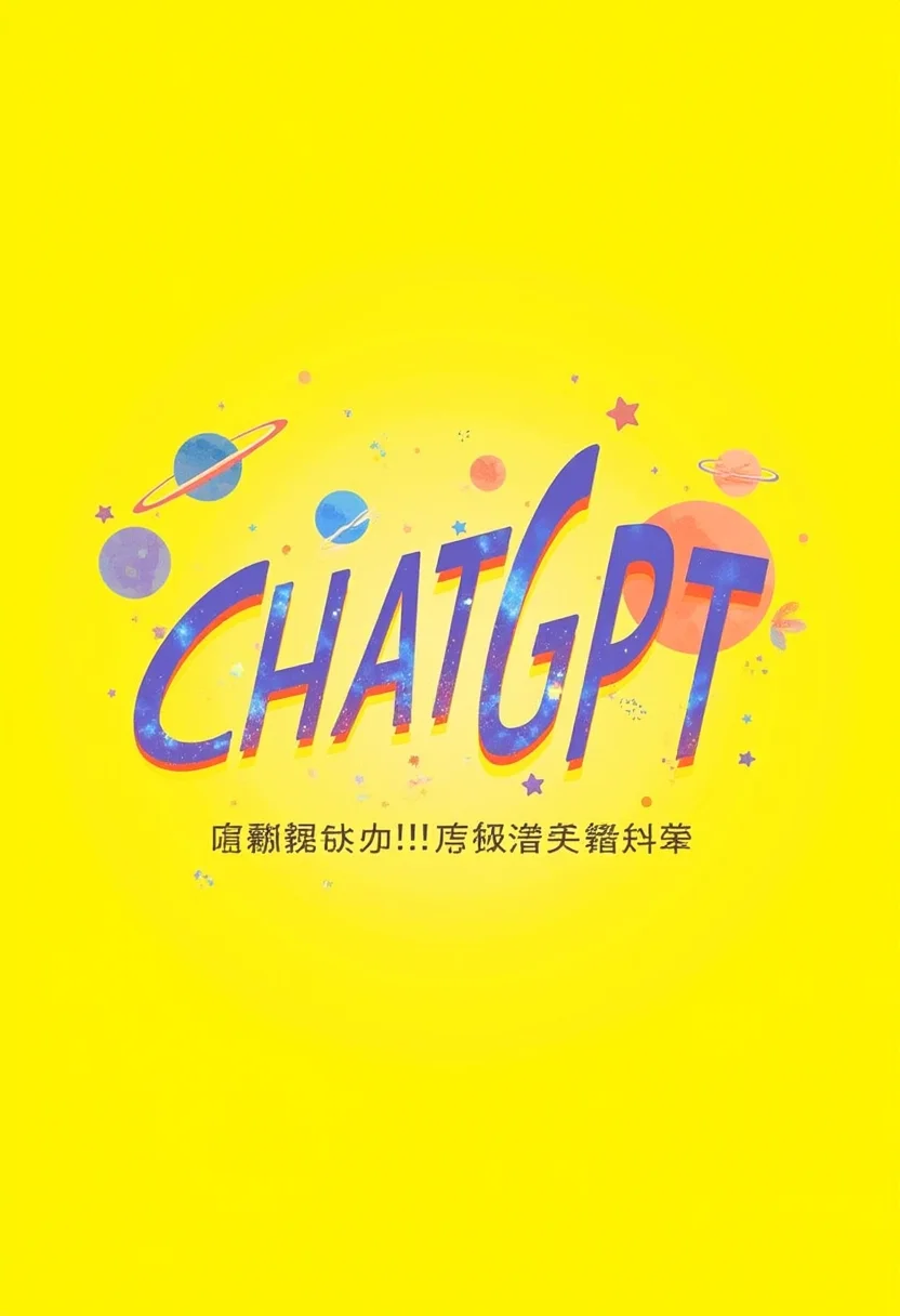 A yellow background with the text "ChatGPT" in bold, psychedelic font. The letters have an iridescent shimmer effect and are arranged to resemble floating stars or planets. There is also some digital pixel art on top of it that adds another layer of visual complexity. In front of them is written Japanese characters for "internal chat". It's a creative design for a social media post or profile banner.
