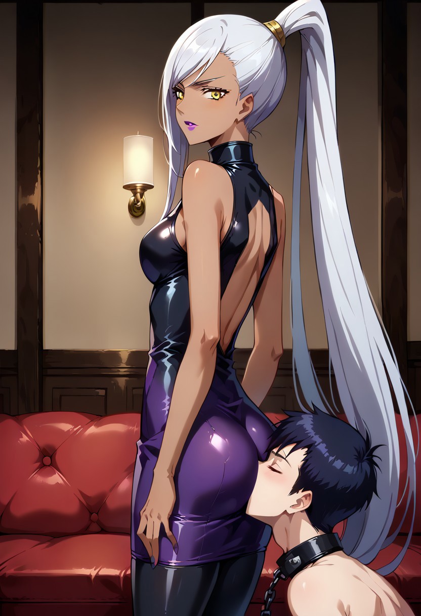 score_9,score_8_up,score_7_up,score_6_up,score_5_up,score_4_up,score_anime, 
best quality,absurdres,Cinematic Lighting, anime screencap, ev1prncs, 1girl (KJOVilletta, white hair, yellow eyes, long hair, high ponytail, dark skin, purple lipstick, tight leggings, dominant, skinny, tall,) and 1girl (Nunnally vi Britannia, young, dress, submissive, slave, knelt behind her, kisses ass, butt kisses, face in ass), ass kissing, lezdom, full length
