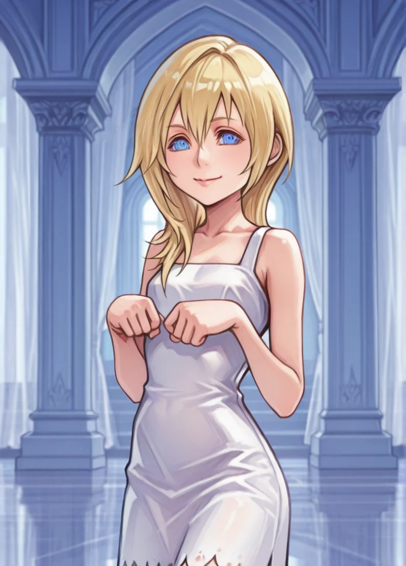 tetsuyaxd,
masterpiece, best quality, amazing quality, very aesthetic, absurdres, newest, detailed background, cowboy shot,indoors, curtains, palace,
naminekh, 1girl, solo, blue eyes, blonde hair, long hair, hair between eyes, white dress, bare shoulders, sandals, looking at viewer, timid, smile, blushed, cute pose
<lora:Namine_-_Kingdom_Hearts_Illustrious:1> ,
<lora:Tetsuya_Nomura_Style:1>