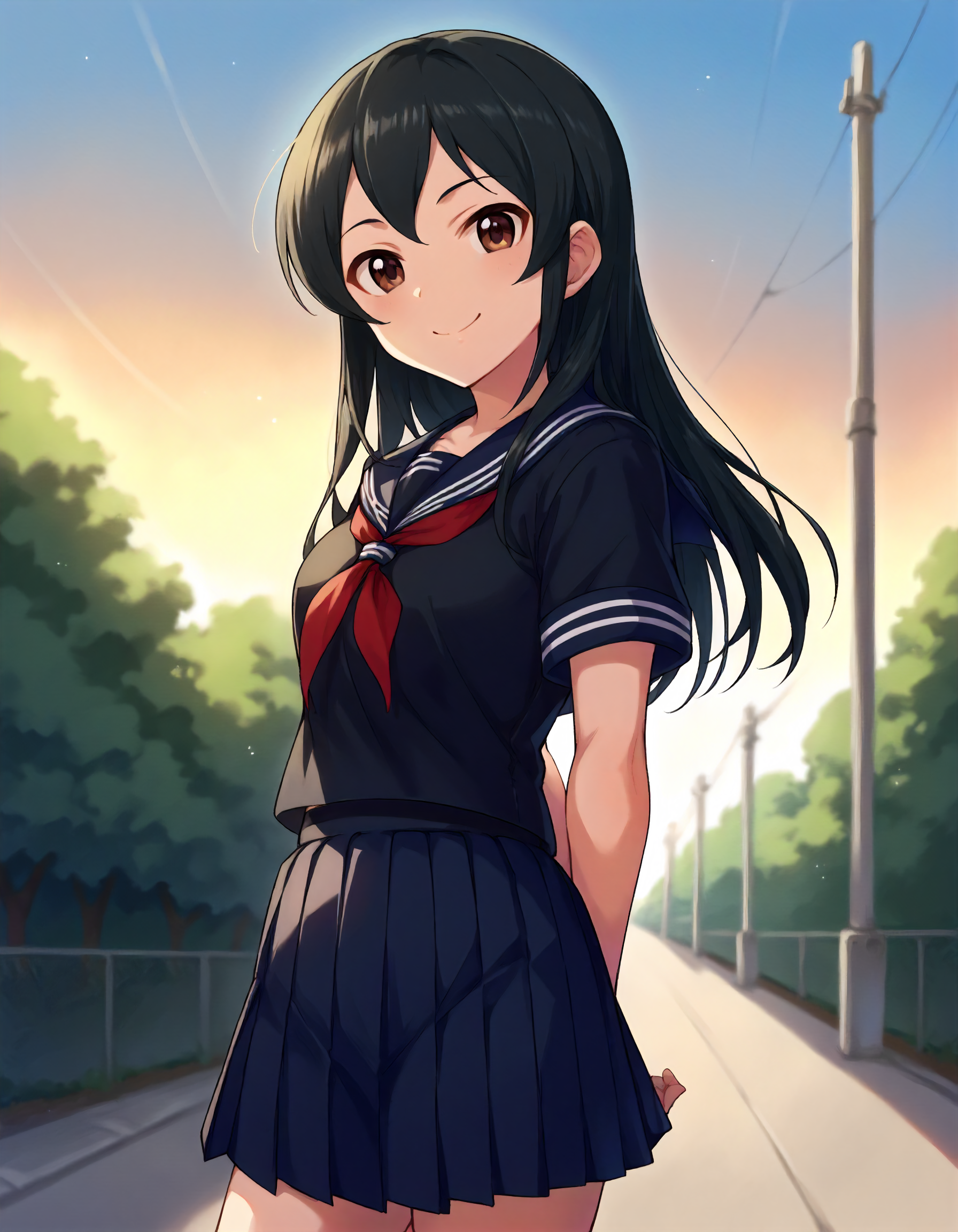 score_9,score_8_up,score_7_up,1girl,solo,cowboy shot,looking at viewer,smile,arms behind back,outdoors,
<lora:ooishiizumi_ponyXLV6:0.8>,cgoi,
black hair,long hair,brown eyes,
black serafuku,red neckerchief,black pleated skirt