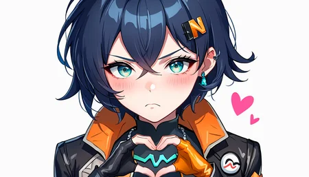 score_9, score_8_up, score_7_up, source_anime, masterpiece, perfect eyes, belle_zenless_zone_zero, <lora:Belle_Zenless_Zone_Zero_Pony:0.7>, 1girl, aqua eyes, black hair, black jacket, blush, crossed bangs, earrings, fingerless gloves, gloves, hair between eyes, hair ornament, hairpin, heart, heart hands, jacket, jewelry, light frown, long sleeves, looking at viewer, medium hair, open clothes, open jacket, orange gloves, simple background, single glove, solo, upper body, white background