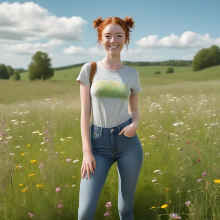<lora:sophie-molgrin_xl:0.75> sophie-molgrin, a young woman with a curious and adventurous spirit, is standing in a sunlit meadow. Sheâs dressed in a comfortable pair of jeans and a casual t-shirt with a playful graphic. Her hair is tied back in a messy bun, and sheâs smiling with a hint of excitement, as if sheâs about to embark on a spontaneous adventure. The background is a vibrant field of wildflowers under a clear blue sky.