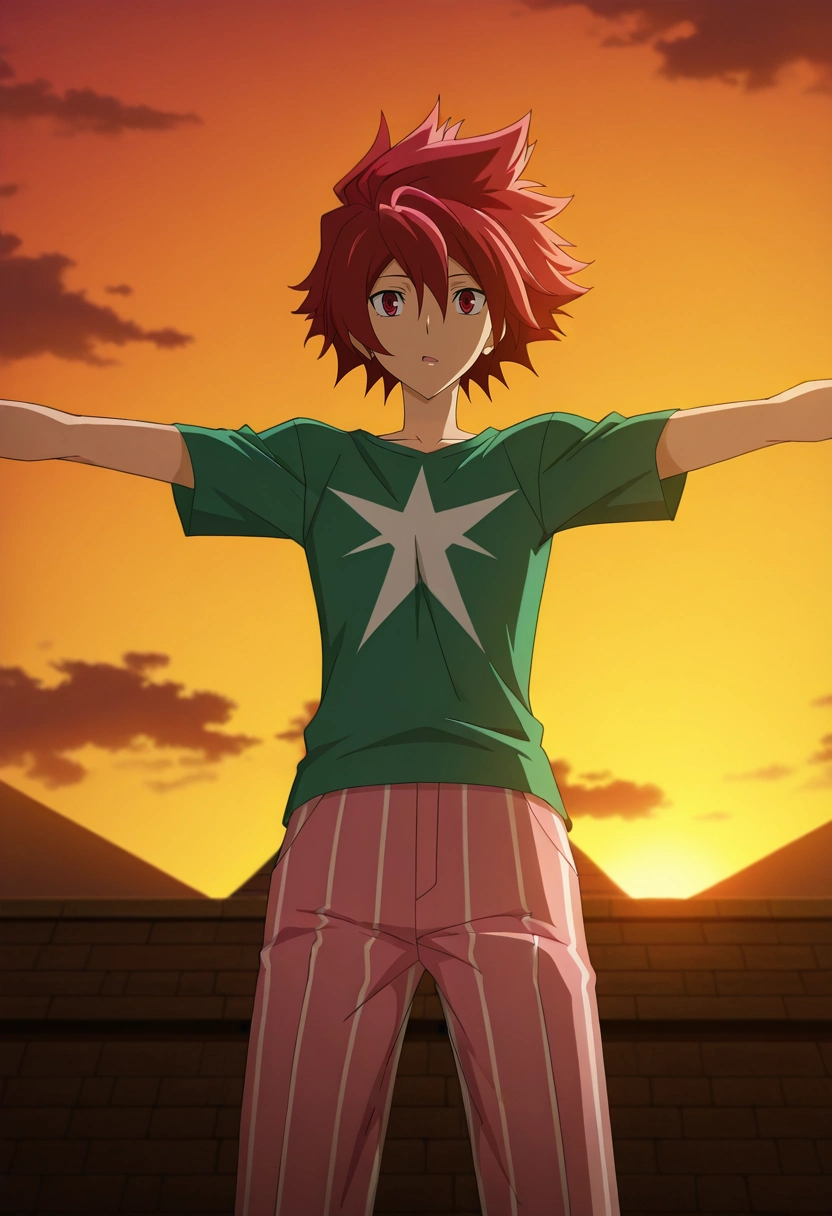 masterpiece, best quality, anime screencap, official style, anime coloring, cowboy shot, 1boy, solo, male focus, <lora:takuto_tsunashi_ilxl:0.92>, takuto_tsunashi, red hair, red eyes, spiked hair, bangs, , from below, pyramid, dusk, outstretched arms, distracted, aloof, oblivious, Light pink Striped Pleated trousers, Performance T-shirt, , ,