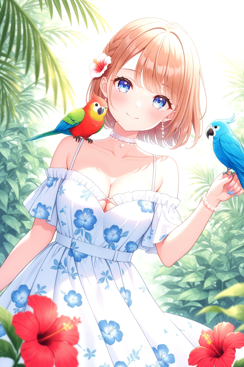 <lora:mersugar:1>, mersugar, 1girl, bird, dress, jewelry, blurry foreground, floral print, dutch angle, flower, white dress, solo, parrot, bird on hand, bracelet, blurry, smile, bare shoulders, outdoors, bird on shoulder, off-shoulder dress, red flower, off shoulder, depth of field, short sleeves, nail polish, cleavage, collarbone, plant, animal, animal on shoulder, white choker, looking at viewer, print dress, pearl bracelet, hibiscus