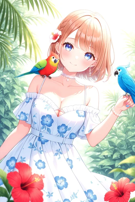 <lora:mersugar:1>, mersugar, 1girl, bird, dress, jewelry, blurry foreground, floral print, dutch angle, flower, white dress, solo, parrot, bird on hand, bracelet, blurry, smile, bare shoulders, outdoors, bird on shoulder, off-shoulder dress, red flower, off shoulder, depth of field, short sleeves, nail polish, cleavage, collarbone, plant, animal, animal on shoulder, white choker, looking at viewer, print dress, pearl bracelet, hibiscus