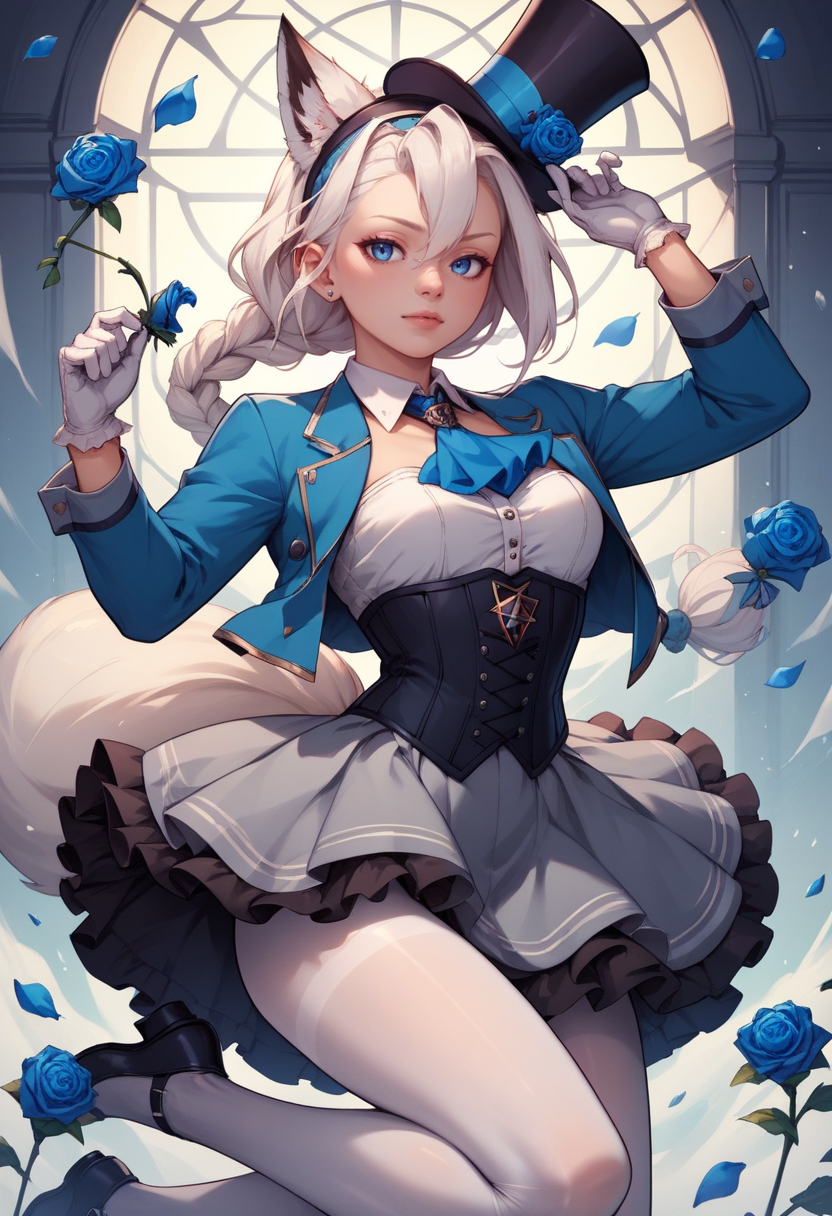 score_9, score_8_up, score_7_up, score_6_up, score_5_up, score_4_up, rating_explicit,  BREAK,  <lora:fubukiXL-10:0.75> fubukielegant, braided ponytail, blue coat, blue ascot, blue rose, corset, collared shirt, grey skirt, frilled skirt, white pantyhose, white gloves, mini top hat, hairband, white hair, piercing, fox tail, pentagram jumping