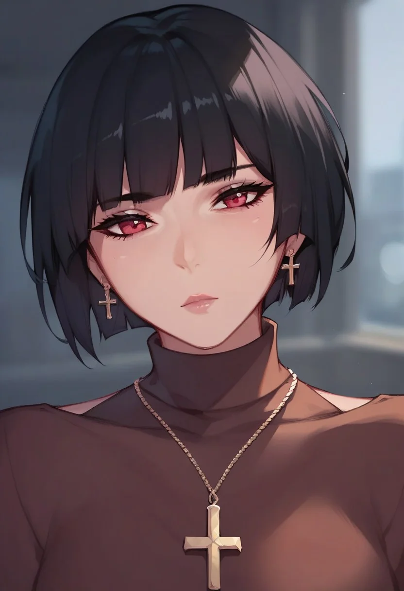 score_9,score_8_up,score_7_up, 1girl, solo, short hair, black hair, jewelry, looking at viewer, necklace, cross, portrait, bangs, red eyes, closed mouth, turtleneck, blurry background, cross necklace, lips, piercing, blurry, bob cut, eyelashes