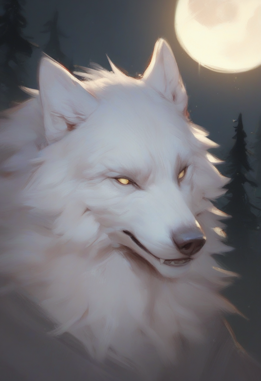 <lora:alexchow:0.9> score_9, score_8_up, score_7_up, white wolf, moon background, dark forest far background