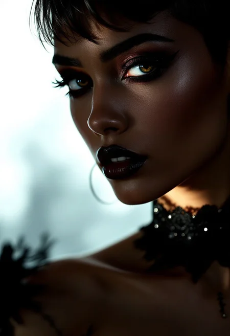 Photorealistic close up portrait of a young Moroccan woman with striking features . She has a perfect bronze skin tone and short hair, with a bold, edgy style.  Her bronze skin is accentuated by the contrast of light hitting one side of her face, Her makeup is gothic, bold and dramatic, with dark eyeliner, mascara, . lace choker, cleavage, corset, , sultry, seductive, blending gothic elegance with a soft, vulnerable expression. The background is silhouetted, creating a dramatic and mysterious atmosphere <lora:aidmaFLuxPro1.1_v0.3:0.85> aidmafluxpro1.1