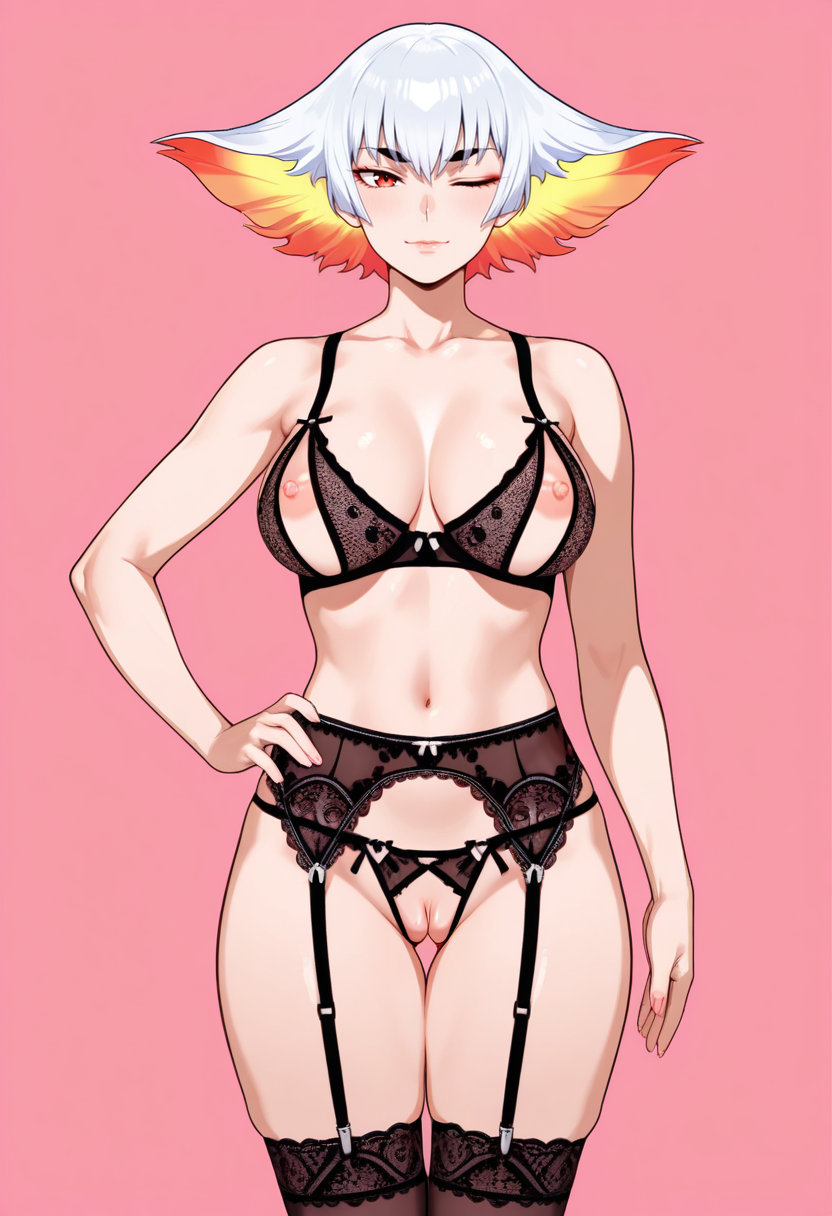 masterpiece,best quality,absurdres, amazing quality, uncensored,
1girl, solo,
standing, hand on own hip, 
looking at viewer, one eye closed, v,
<lora:Open_Lingerie:1> 0p3nl1ng3r13, nipples, thighhighs, garter straps, garter belt, bra,
simple background, pink background,  kiryuuin ragyou,  mature female, medium breasts,