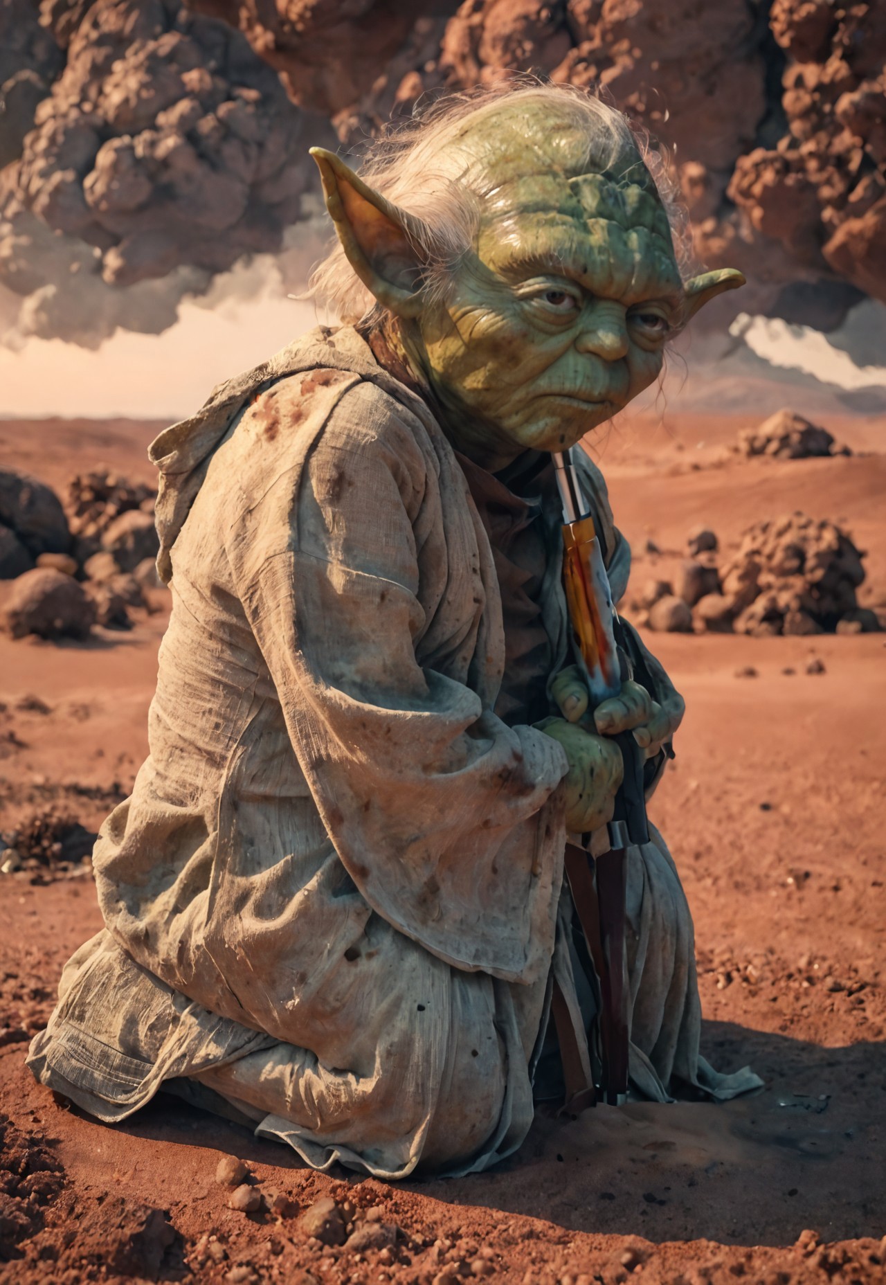 score_9, score_8_up, score_7_up, yoda, green skin, portrait, kneeling, defeated, tired, reflections, highly detailed, film grain,  
 old book style ink illustration of   Yoda holding a lightsaber with Perfect Hands    in a cyberpunk city, pose inspired by Boris Vallejo, brushwork echoing Carne Griffiths, realistic, lifelike, on parchment, (((ink splashes, ink stains, ink smears, faded ink))), (futuristic:1.5) desert, tatooine, galaxy, lucasfilms, glass, sun, in the clouds, futuristic round roofed adobe desert dwellings, fractals, sunrise, moody tones, mentixis, linquivera, movie poster, star wars vibes, (((watercolor style with strong washes)))