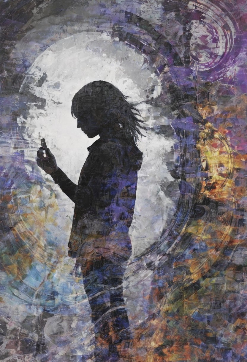a world inside me, street, epic fantasy, dark fantasy, gritty, real, graffiti, long hair, (((silhouette))), expressionism art, fractals, stopwatch, deep purple and gray, at dusk, cinecolor, (dimmed colors:1.1), hdr, mentixis, linquivera
