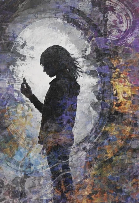 a world inside me, street, epic fantasy, dark fantasy, gritty, real, graffiti, long hair, (((silhouette))), expressionism art, fractals, stopwatch, deep purple and gray, at dusk, cinecolor, (dimmed colors:1.1), hdr, mentixis, linquivera