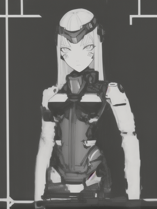 cyborg girl portrait, dim light, ((heavy black and white)), <lora:Blame!:1>