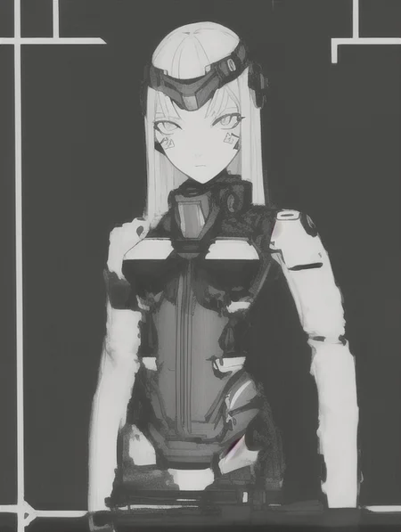 cyborg girl portrait, dim light, ((heavy black and white)), <lora:Blame!:1>