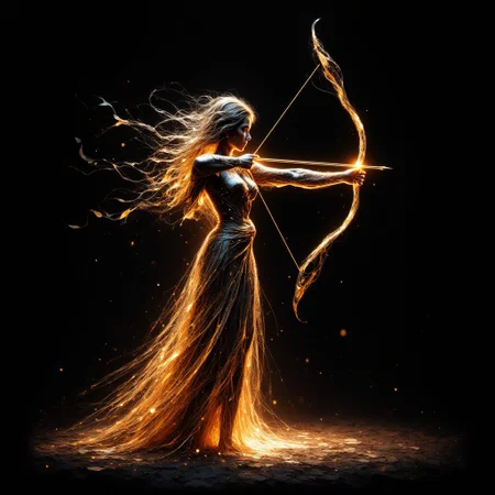 female archer made out of singular intricately flowing light strands against a black background, swirling particles, abstract graphics, contours of a burning tree hidden in smoke, majestic, concept art, flowing light, glowing dust