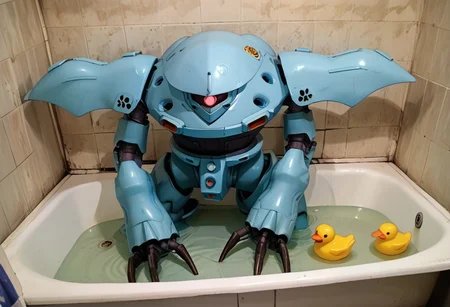 score_9, score_8_up, score_7_up, source_anime, front view, BREAK, ( hygogg, blue_hygogg_armor, pink monoeye, looking at viewer, leaning forward, long arms, hands on edge of tub, long claws) 1mech, wide mech, large shoulders, large shoulder armor, mech focus, solo, BREAK, bathroom, hygogg in bathtub, in water, half submerged, rubber ducks,