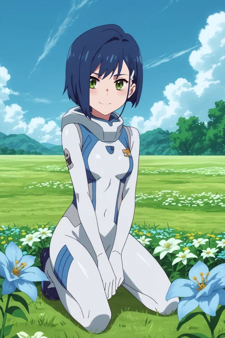 ichigo,1girl,solo,short hair,bodysuit,pilot suit,white_bodysuit,gloves,,hair ornament,hairclip,looking at viewer,light_smile,kneeling BREAK outdoors,blue sky,cloudy_sky,blue flower,flower field <lora:Ichigo_-_Darling_in_the_franxx.safetensors:0.8> <lora:detailed_backgrounds_v2.safetensors:0.5>