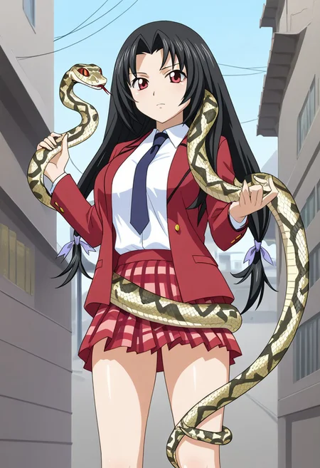 score_9, score_8_up, score_7_up, BREAK source_anime, masterpiece, anime screencap, shiny skin,
1girl, solo, kaku bunwa, long hair, black hair, twintails, red eyes, large breasts, hair ribbon, <lora:kaku_pony-000006:1>
school uniform, white shirt, red blazer, dark blue necktie, red skirt, plaid skirt, socks, loafer, sn4k3, snake, snake on shoulders, upper body