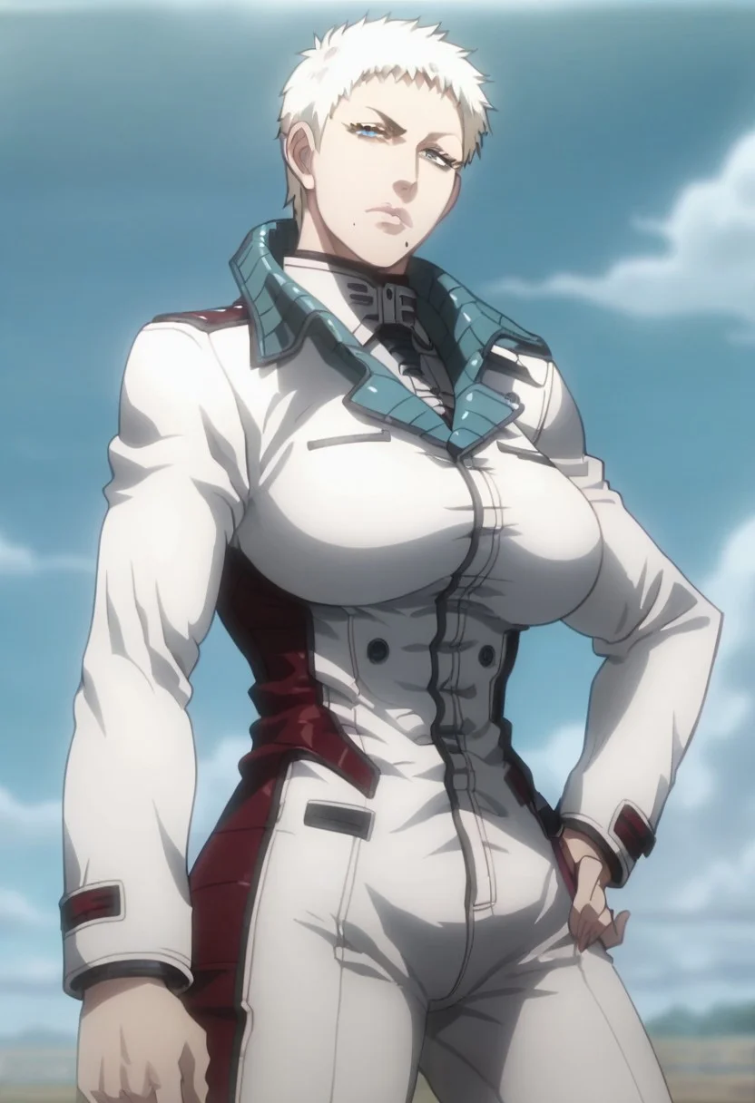 Score_9, score_8_up, score_7_up, score_6_up, score_5_up, score_4_up, 1girl, solo, ElenaP, Human Female, Short Hair, White Hair, Blue Eyes, Mole, Mole Under Mouth, White Uniform, Military Uniform, White Pants, hand on hip, blue sky, clouds, looking at viewer, large breasts, curvy, anime_screencap