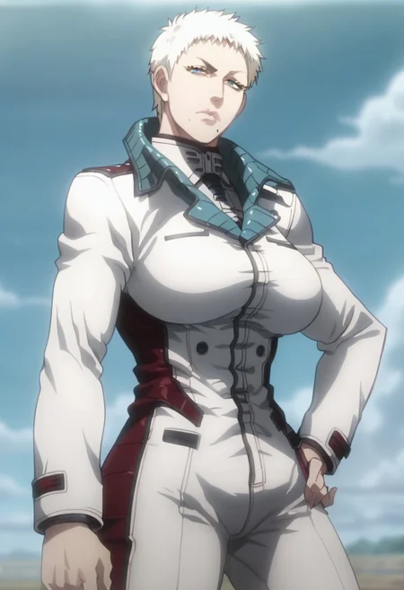 Score_9, score_8_up, score_7_up, score_6_up, score_5_up, score_4_up, 1girl, solo, ElenaP, Human Female, Short Hair, White Hair, Blue Eyes, Mole, Mole Under Mouth, White Uniform, Military Uniform, White Pants, hand on hip, blue sky, clouds, looking at viewer, large breasts, curvy, anime_screencap