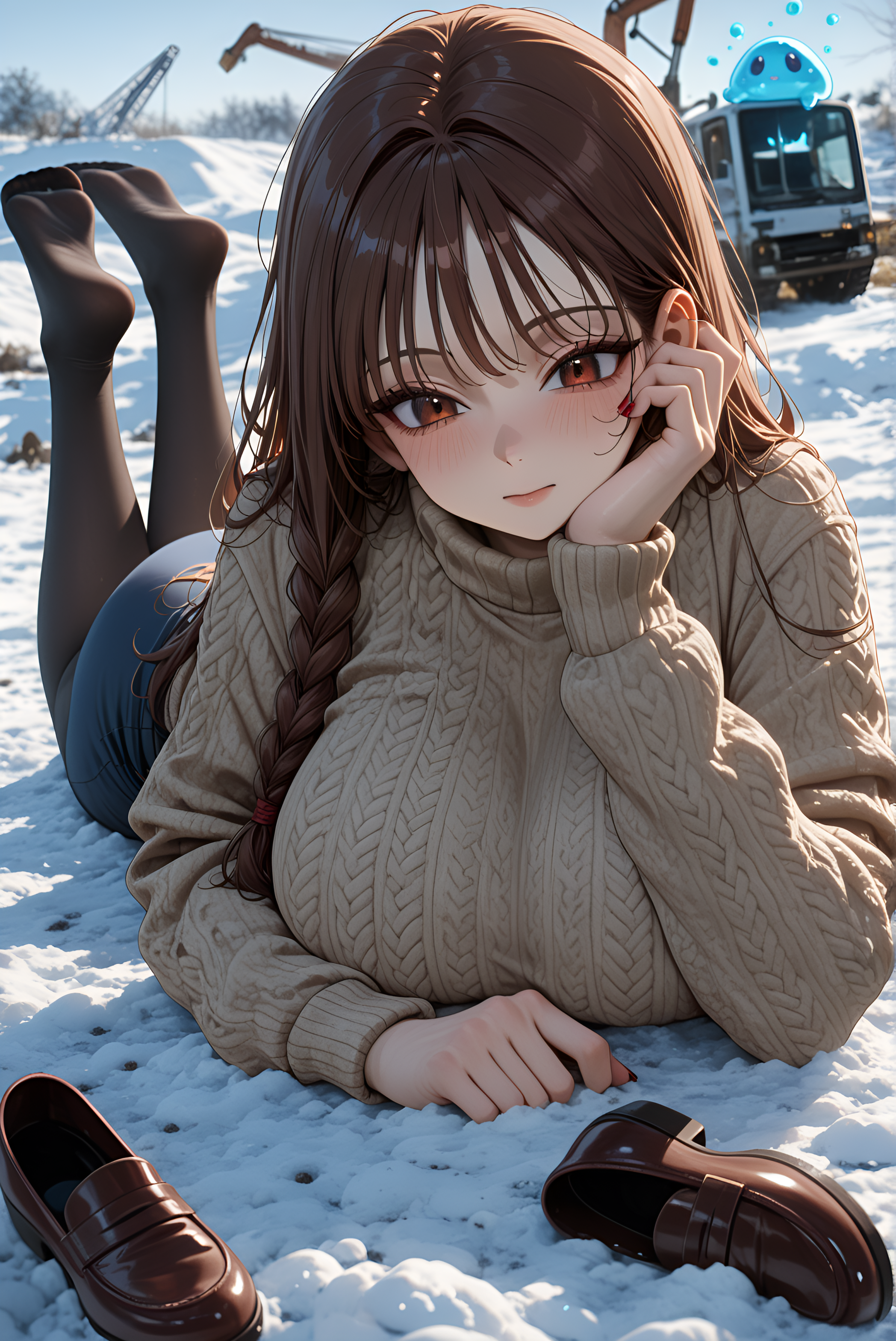 absurdres, 2girls, ink in water, cat_girl, Sitting inside an excavator cab at a quarry, ephemeral, barefoot, light skin, oxford_shoes, slime, anime character, snow, very aesthetic, absolutely eye-catching, tops of feet pressed into floor, Faint Starlight, depth of field, RTX, motion_blur:1.1, chest lifted, afternoon, Cobra pose - Lying on stomach with hands under shoulders, masterpiece, motion_lines:1.1, mysterious expression, tights, Ash brown hair, large breasts, sagging breasts, long_nails, Medium close-up, newest, long hair, slime_(creature), ambient occlusion, cable-knit_sweater, Art Deco Theme, 8K, Paula McCoy (Hunter x Hunter), magic glowing aura, amazing quality, corduroy_skirt, ultra-detailed, Braided side ponytail, best quality, nail_polish