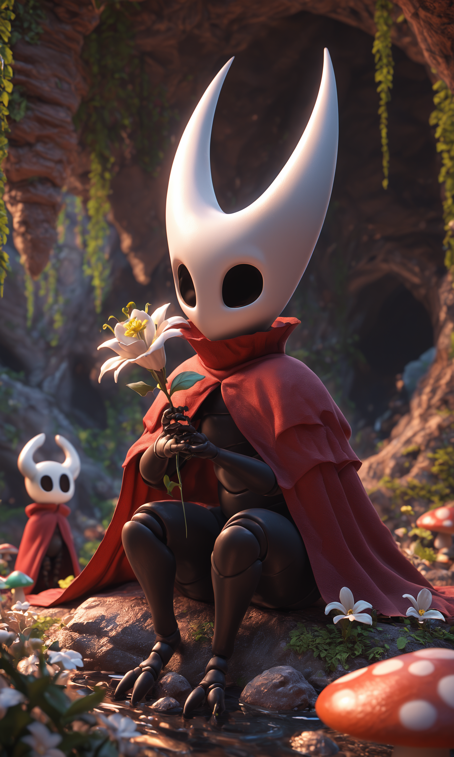 score_9, score_8_up, score_7_up, inside, cave, mushroom, rock, solo BREAK
hornet \(hollow knight\), arthropod, exoskeleton, black body, white mask, empty eyes, red cloak, sitting, digitigrade, holding flower, white flower, featureless feet, 2 toes
