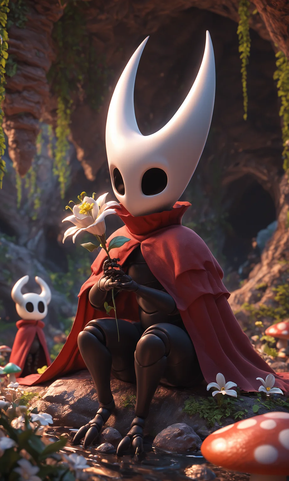 score_9, score_8_up, score_7_up, inside, cave, mushroom, rock, solo BREAK
hornet \(hollow knight\), arthropod, exoskeleton, black body, white mask, empty eyes, red cloak, sitting, digitigrade, holding flower, white flower, featureless feet, 2 toes