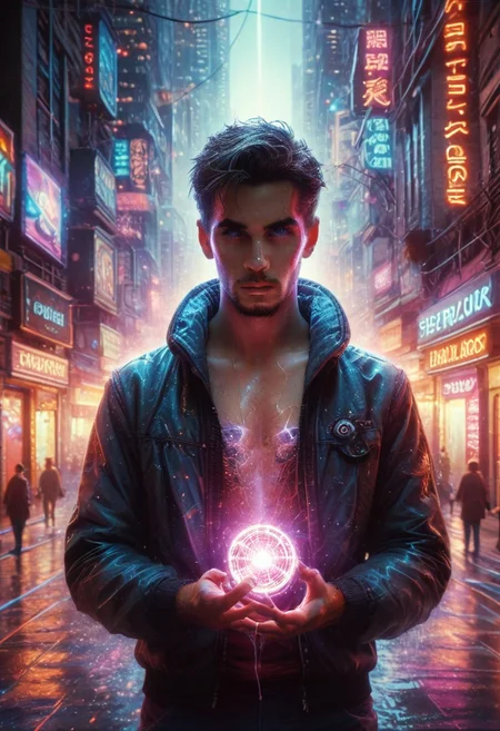 score_9,score_8_up,score_7_up, A soon to be unemployed blue robot, 1 man, futuristic cyberpunk cityscape background, neon lights and brightly lit marquees, wet streets reflect the neon glow of the city, analog photography, ultrarealistic, hdr, Cyberspace, psych3delic