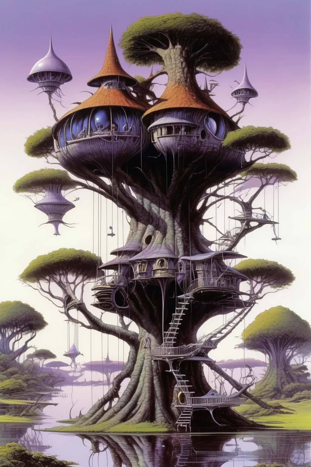 <lora:Rodney Matthews Style:1>Rodney Matthews Style - A alien tree house