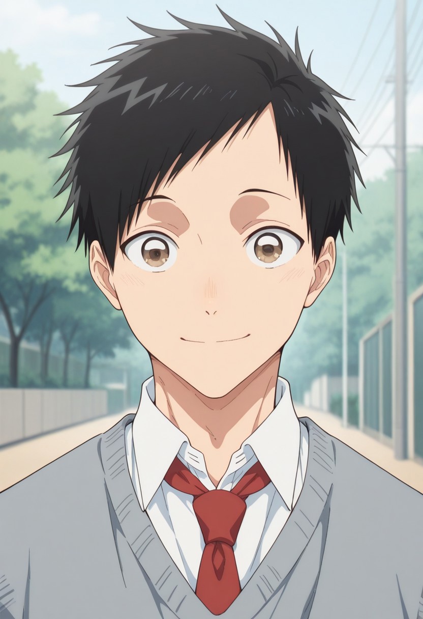 masterpiece,best quality,amazing quality, 
taikinomata, 1boy, male focus, solo, brown eyes, black hair, short hair, school uniform, shirt, white shirt, collared shirt, necktie, red necktie, sweater vest,
 portrait, smile, outdoor, day