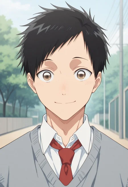 masterpiece,best quality,amazing quality,
taikinomata, 1boy, male focus, solo, brown eyes, black hair, short hair, school uniform, shirt, white shirt, collared shirt, necktie, red necktie, sweater vest,
portrait, smile, outdoor, day