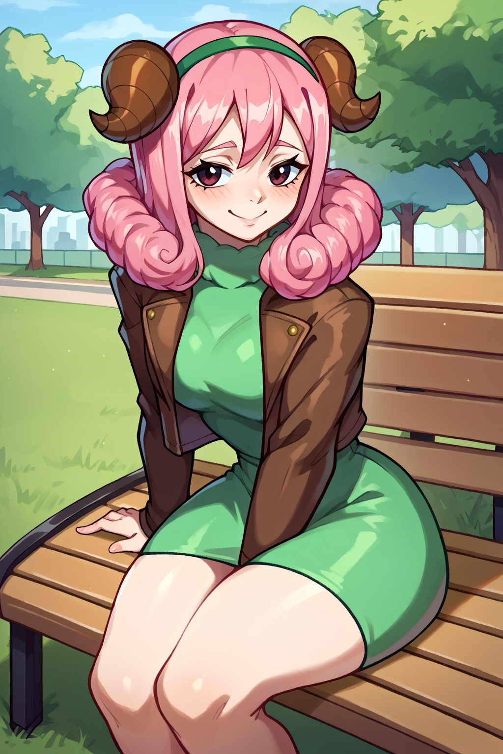 score_9, score_8_up, score_7_up, score_6_up, BREAK <lora:NSAriesFairyTail:1> NSAriesFaiTai, sheep horns, pink hair, medium hair, hair curls, cropped jacket, brown jacket, green gown, sitting, park, bench, green hairband, looking towards the viewer, slight smile, light blush