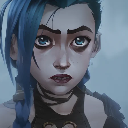 arcane, jinx, blue eyes, twin braids, blue hair, very long hair, bangs, lipstick, eye shadow, freckles, portrait, jinx (league of legends), shoulder tattoo, looking to the side, foggy, lips parted, teeth <lora:jinx:1>