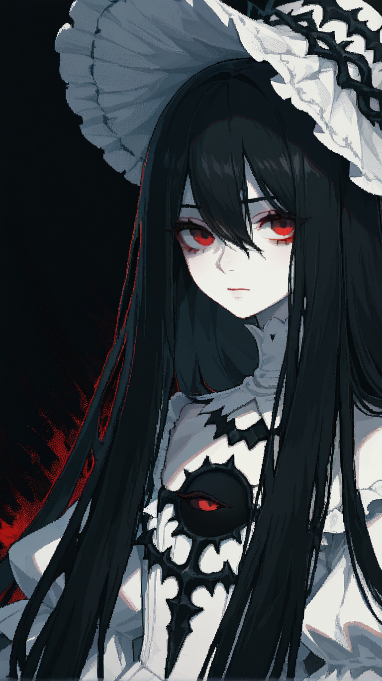 1girl, solo, long_hair, looking_at_viewer, black_hair, red_eyes, hat, dress, hair_between_eyes, closed_mouth, black_background, pale_skin, portrait