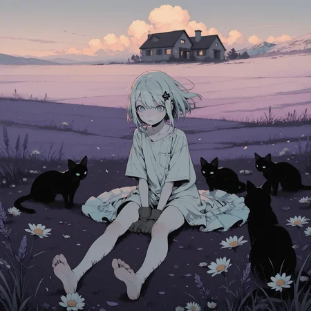 masterpiece,best quality,amazing quality, illustration, lineart, sharp lines, bold lines, 
 harsh shadows, pitch black, back light, light particles,  light depth, ,  golden hour, frozen tundra, snow,    color art,   wind, fluttering clothes,  iridescent colors, chirouso dark light, shadows, 
1girl, redhead, ginger, blue eyes,  confused,      (thin, skinny, petite:1.2),  magical aura, aura around character, glowing character, gloves, pale skin,  
house cat, too many, 
sitting, le
light Violet clothes,    hair ornament,   soles, multicolored clothes, colored clothing edges, 
  Circle skirt,
oversized shirt, 
twisted grass, flowers, orchids field, grass, magical clouds, flowers, lavender field, grass, flowers, vibrant flowers, daisies, lavender, breeze, scattered petals, fluffy clouds, distant hill, floating petals,
<lora:GTHAN2:0.6> GTHAN, <lora:Sinozick_style:0.4> Sinozick_illu, <lora:ck-shadow-circuit-IL:0.2> in the style of cksc <lora:anime_screencap:0.8> <lora:S4bit4mago:1> S4bit4mago_illu, <lora:LineArt Grey [LoRA] - Illustrious-XL v0.1:0.3> lineart, <lora:- iLL - the_edgy_mech_V3.0:0.4> <lora:ill_yukimi_styleV1:0.3> <lora:StS-Illustrious-Detail-Slider-v1.0:2> <lora:MIAOMIAO_A2:0.2> miaomiao_liulifa,  <lora:monogatari_style_IllustriousXL:0.3> monogatari_style,