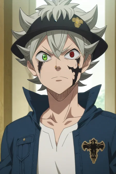 score_9, score_8_up, score_7_up, source_anime, anime screencap, anime coloring, official style, looking at viewer, upper body, , 1boy, solo, male focus, <lora:asta_black_clover_pony:0.84>, asta_black_clover, grey hair, green eyes, spiked hair, , facial mark, demon form, red eyes, heterochromia, demon wing, denim jeans, fedora, , , <lora:sdxl_lightning_8step_lora:1>