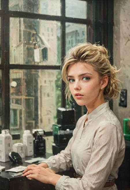 ((a beautiful woman in a Hair Salon, green and dark brown color Palette, urban city  window view)), 
bust shot, close-up lips, 
modern interior design, cyberpunk, 
Recliner|Dressing table|Table lamp|Screen|Monitor|Signboard_Details,
Metal|Glass|Leather|Textiles|Carpet|Pillow_Texture,
perfect blonde hair, 
(modern photo, fashion dress up:1.1), 24mm, (analog, cinematic, film grain, hazy atmosphere, detailed eyes, (seductive), (epicPhoto), (looking at viewer), (cinematic shot:1.3),
ac_neg1, great lighting, extremely detailed, happy, Hair Salon, impressionist painting, zoya