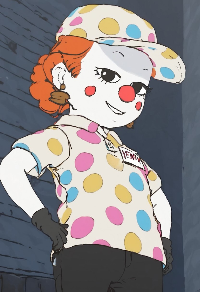 penny_bgtpb_clown, 1girl, chibi, curly orange hair (redhead, hair bun), big eyes, black eyes, big clown red nose, clown makeup (white skin, blush makeup), earrings, white cap (multicolored polka dots), white polo shirt (multicolored polka dots, name tag), black gloves, black pants, black shoes, score_9_up, score_8_up, score_7_up, BREAK, 1girl, solo, looking at viewer, cute, smirk, from below, hands on hips, head tilt, female focus, ultra detailed, detailed background, trailer park, masterpiece, best quality, 8k, Expressiveh,