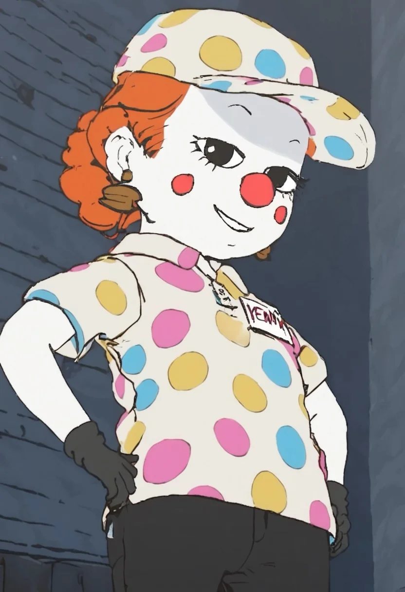 penny_bgtpb_clown, 1girl, chibi, curly orange hair (redhead, hair bun), big eyes, black eyes, big clown red nose, clown makeup (white skin, blush makeup), earrings, white cap (multicolored polka dots), white polo shirt (multicolored polka dots, name tag), black gloves, black pants, black shoes, score_9_up, score_8_up, score_7_up, BREAK, 1girl, solo, looking at viewer, cute, smirk, from below, hands on hips, head tilt, female focus, ultra detailed, detailed background, trailer park, masterpiece, best quality, 8k, Expressiveh,