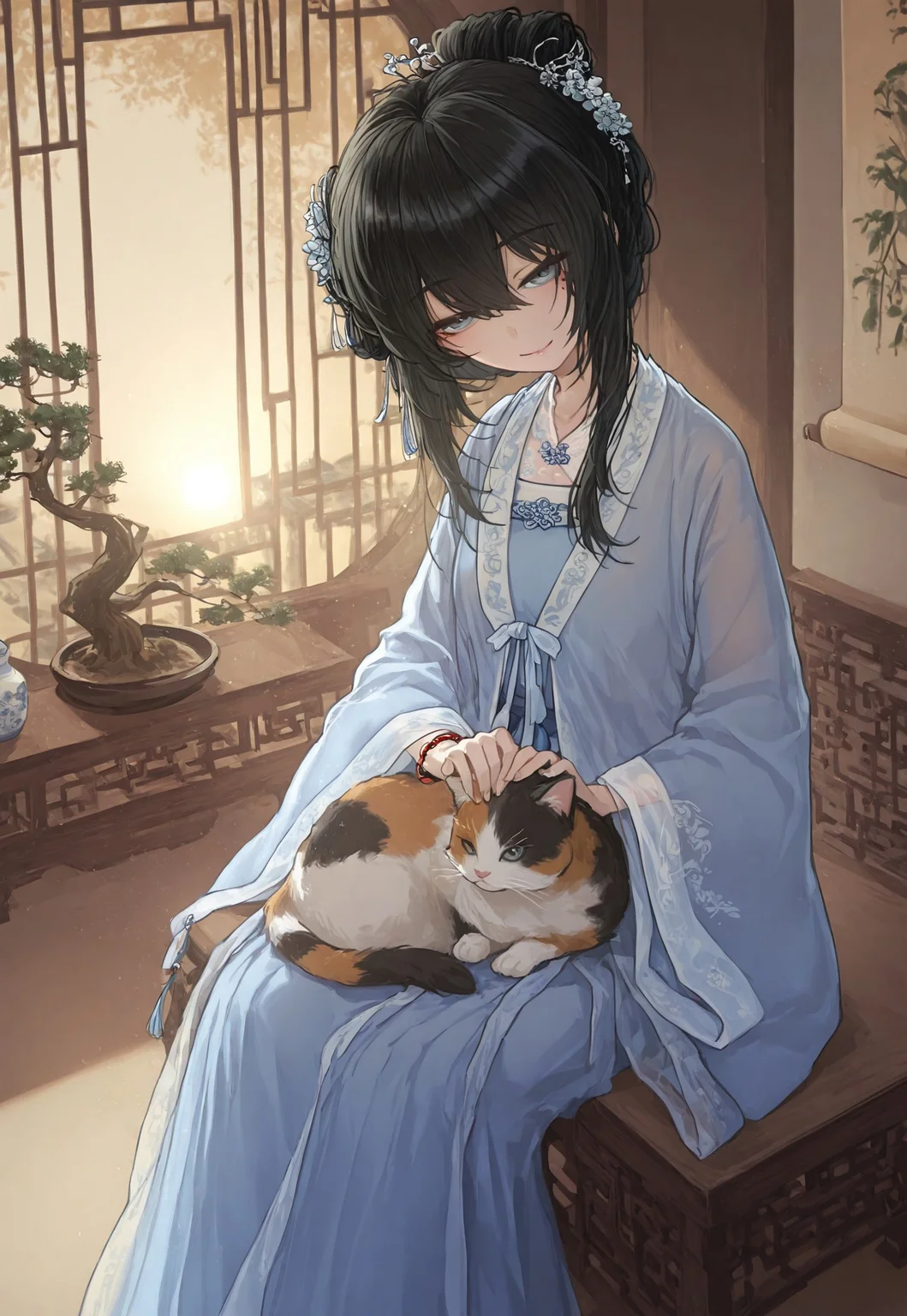 1girl, solo, hl_sui, 1girl, mature female, blue eyes, grey eyes, mole under eye, black hair, long hair, single hair bun, bangs, hair between eyes, sidelocks, chinese clothes, hanfu, blue dress, long sleeves, wide sleeves, black footwear, hair flower, hair ornament, jewelry, bracelet, see-through clothing, extreme head tilt, parted smile, half closed eyes, petting cat, calico cat on lap, sitting on chinese furniture, looking at viewer, from above, chinese architecture interior, bonsai tree, chinese furniture, relaxing, warm tone, ((sunlight through chinese lattice window)), porcelain collection, wall scroll chinese painting, dawn, morning, sunrise,
masterpiece, best quality, very aesthetic, highly detailed, absurdres, ambient light, soft light, comiks,fgg, no lineart, flat color