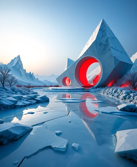 Design a futuristic landscape with sharp, icy formations and red accent lighting. The scene features angular, reflective structures amidst a minimalist environment, with a bold red circle in the sky as a dramatic focal point.
Full Description:
1. Landscape Composition:
Angular, Ice-Inspired Formations: The landscape is dominated by sharp, angular formations resembling crystalline ice structures. These formations jut out from the ground at various angles, creating a dynamic and jagged terrain that mirrors the precision and elegance of natural ice.
2. Materials and Textures:
Reflective, Cool-Toned Surfaces: The landscape is characterized by reflective, cool-toned surfaces in shades of silver and icy blue. These surfaces catch and reflect the light, giving the scene a shimmering, ethereal quality reminiscent of a frozen world.
3. Artistic Integration:
Faceted Design: The ground and structures within the landscape feature faceted patterns and geometric details that add depth and complexity. The interplay of light and shadow across these surfaces enhances the icy aesthetic and creates a visually engaging environment.
4. Lighting:
Red Accent Lighting: Vibrant red lighting is integrated throughout the landscape, highlighting key features and creating a striking contrast against the cool, reflective surfaces. This red glow pulses with energy, adding a futuristic and otherworldly atmosphere to the scene.
5. Background Element:
Red Circle in the Sky: A bold red circle, possibly representing a setting sun or an abstract element, dominates the sky. This feature adds a dramatic focal point to the landscape and reinforces the contrast between the cool environment and the warm, vibrant lighting.
6. Setting:
Minimalist, Expansive Terrain: The landscape is set in a minimalist environment with clean lines and sparse vegetation, allowing the icy formations and red lighting to stand out. The reflective surfaces and bold design elements create a futuristic and surreal atmosphere, evoking a sense of otherworldly beauty and mystery.