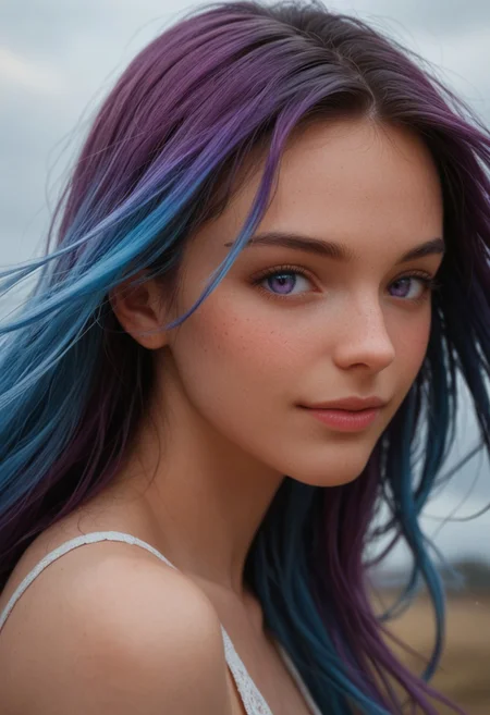 score_9_up, score_8_up, score_7_up, score_6_up, 1girl, 25 years old, perfect face, sexy, adult,
side view, detailed face, portrait, face focus, depth of field, looking at viewer, blush, shy smile, (close up),
gradient eyes, multicolored eyes, blue eyes, purple eyes,
multicolored hair, gradient hair, purple hair, blue hair, long hair,
sky, floating hair, wind,