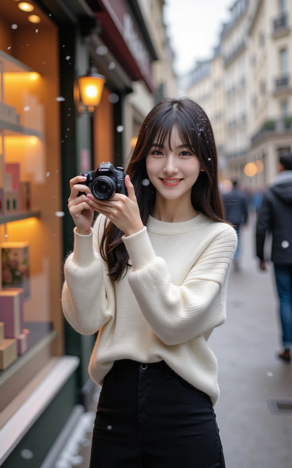 A 20-year-old girl in a white sweater and a black knee-length skirt holds a camera,taking a selfie on a snowy street in a small Parisian town. Behind her,a charming gift shop with a warmly lit display window adds a cozy atmosphere. Snowflakes gently fall around,creating a dreamy winter scene. The image is captured in an ultra-photorealistic style,with soft natural lighting,crisp details,and a cinematic depth of field. Her expression is natural and joyful,reflecting the serene beauty of the moment.,
<lora:baby-base-01-flux:0.7>,baby,long black hair,bangs,she has a slender physique and a petite build,