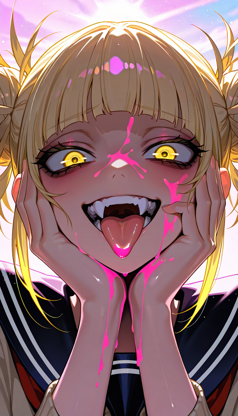 rim light, masterpiece, best quality, amazing quality, very aesthetic, high resolution, ultra-detailed, absurdres, newest, scenery, 1girl, toga himiko, glowing yellow eyes, pink blood on face, crazy smile, teeth, fangs, (open mouth:1.2), tongue out, lip licking, double bun, crazy eyes, unusually open eyes, wide-eyed, sanpaku, raised furrowed eyebrows, pink blood, (hands on own cheek:1.2), upper body, school uniform, (pink:0.7) colorful background, detailed background, backlighting, upper body, facing up, looking at viewer, dutch angle, close-up, (colorful:1.2), (colorful light particles:1.3), BREAK, hands, fingers, mouth, tongue, ears, detailed tongue, extremely detailed, extremely detailed eyes, detailed skin, detailed hair, delicate hair, shiny skin, masterpiece, best quality, amazing quality, very aesthetic, absurdres, high resolution, ultra-detailed, newest, scenery, volumetric lighting