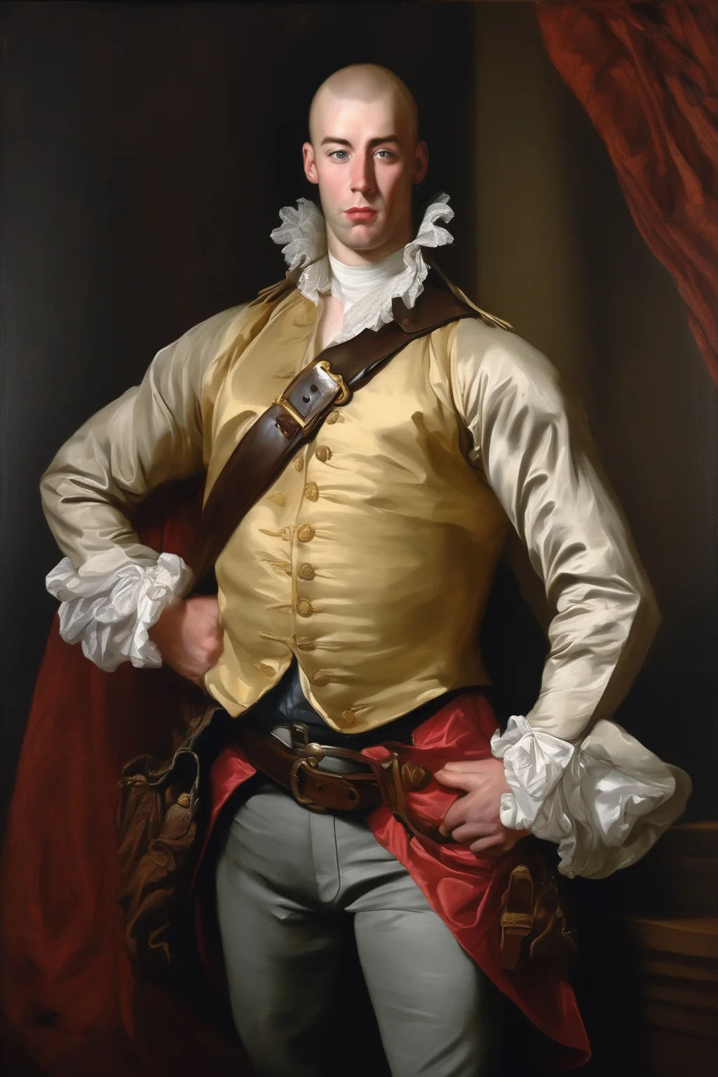 John Singleton Copley Style - an oil painting of a muscular handsome bodyguard with large pectorals and codpiece in the stye of Thomas Gainsborough