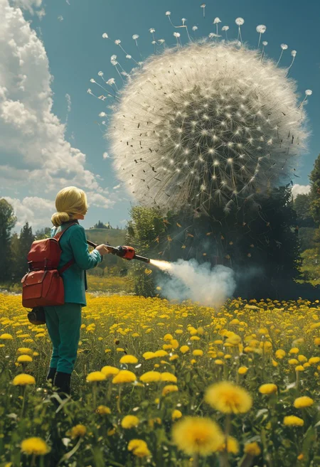 bosstyle, By herg, amazing quality, masterpiece, best quality, hyper detailed, ultra detailed, UHD, perfect anatomy, dof, hyper-realism, majestic, awesome, inspiring, Vintage Female gardener with flamethrower fights against beautiful dandelion boss, cinematic composition, soft shadows,