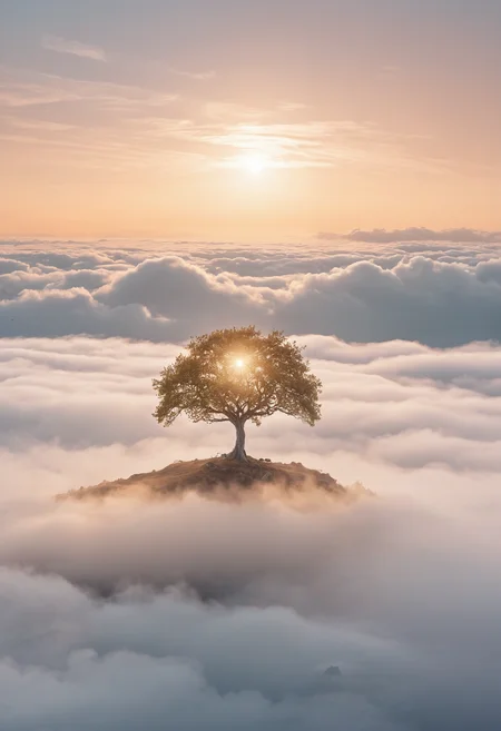 Surreal landscape featuring a lone tree on a floating island above the clouds, ethereal background, dreamlike composition, golden hour lighting, vertical emphasis, spotlight on the tree, tree starkly contrasts with the sky, wide-angle shot, misty textures, soft glow, balanced symmetry, pastel colors, tree centered.