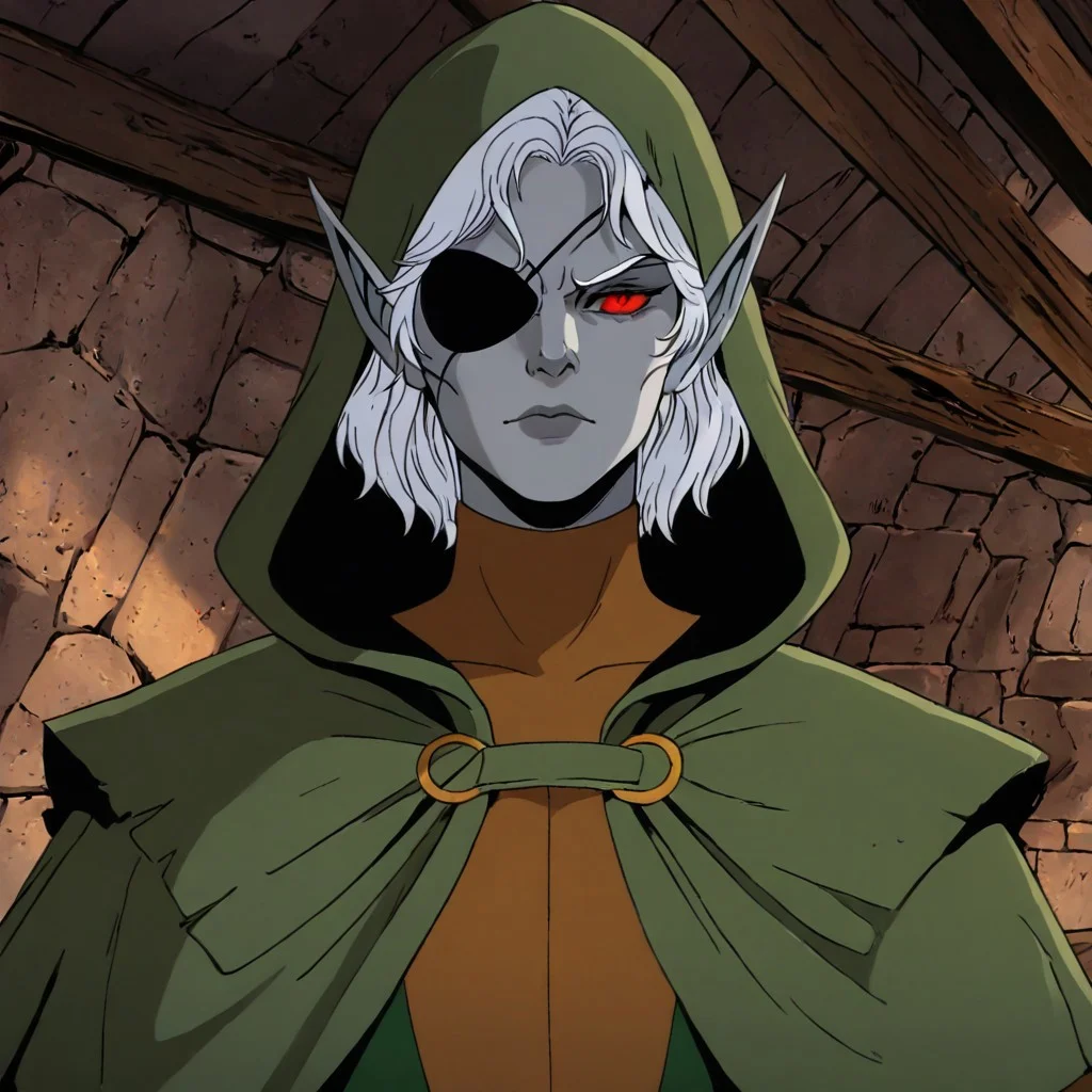 masterpiece, best quality, newest, absurdres, highres,
X-1990STV1.0,
1boy, pale, pale skin, grey skin, hood, hooded cape, rogue, assasin, dark elf, pointy ears, eyepatch,