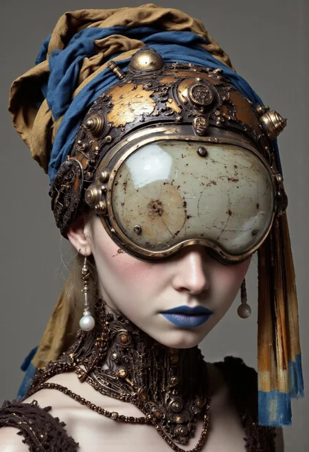 cpstyle. gwpe. The image is a high-resolution digital artwork featuring a Steampunk-inspired, stylized portrait of a Scandinavian blonde dmpfm07 woman with a striking, otherworldly appearance, now subtly reminiscent of The Girl with a Pearl Earring by Vermeer. Her pale, porcelain-like skin contrasts with the intricate brass and copper details of her mechanical accessories. She wears an ornate Steampunk helmet that covers part of her face, crafted from burnished metal with exposed gears, filigree engravings, and delicate brass tubing. The large, circular visor obscuring her eyes is now a gilded, clockwork-inspired lens, with intricate etchings resembling antique watch faces.
Her head is adorned with a Victorian-style headdress, now simplified to a deep blue and gold silk wrap, draping gracefully over her shoulder, evoking Vermeer’s signature soft elegance. A single mechanical pearl earring, glowing faintly, dangles from her ear, blending the classical and Steampunk aesthetics seamlessly. Her high, elaborate collar is reinforced with brass filigree and riveted plates, featuring lace-like engravings and metallic threading that shimmer subtly in the light.
Her lips are painted a bold, metallic gunmetal blue, reflecting the industrial elegance of the Steampunk aesthetic. A gentle, diffused glow highlights the contours of her face, lending her an enigmatic, timeless quality.
